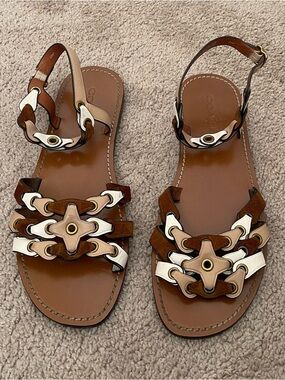 Coach Brown, Cream & White Leather Chain-Link Flat Sandals
